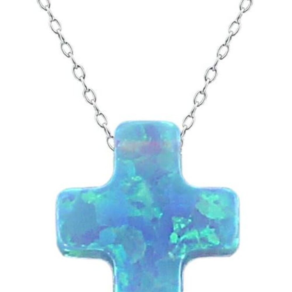 Blue Opal Cross Pendant Choker Necklace Sterling Silver Charming Collar Necklace